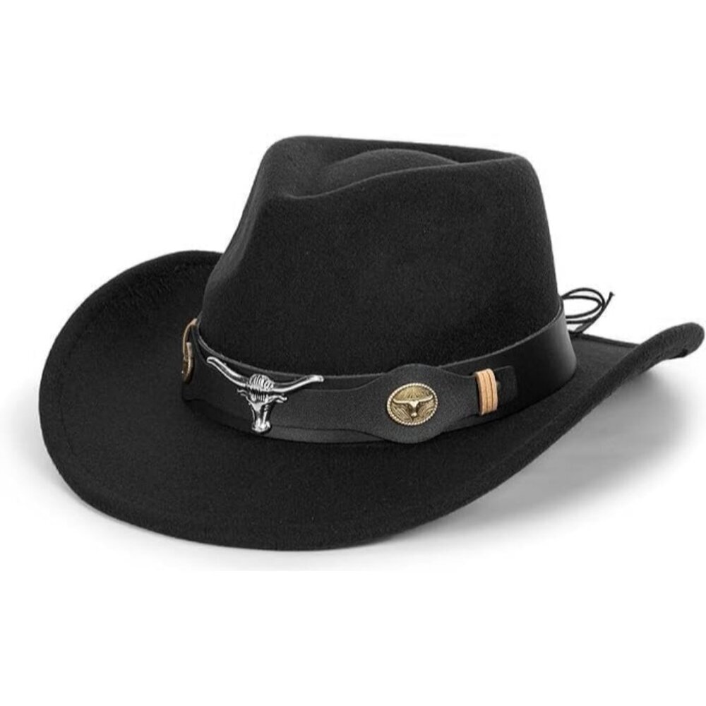 Unisex Black Western With Bull Skull Buckle Band Fedora Classic Felt Cowboy Hat